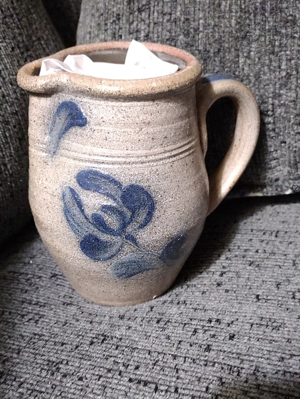 Howe Pottery Works. Stoneware Pitcher With Blue Floral Motif